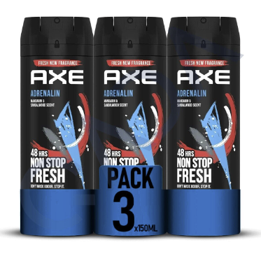 3 Pack Axe Adrenalin Body Spray Deodorant 48hrs Protection 150ml