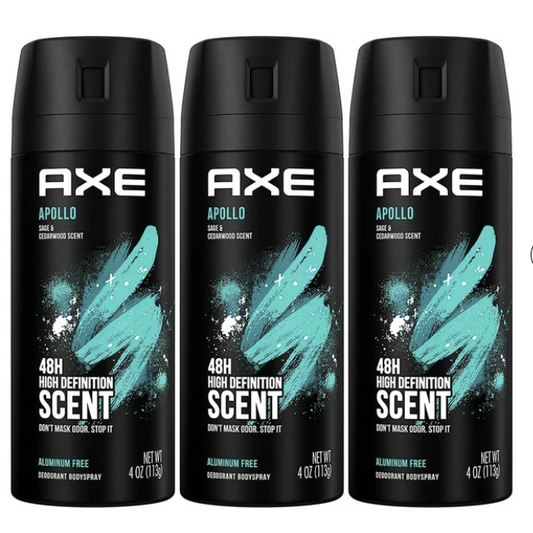 3 Pack Axe Apollo Mens Deodorant Body Spray, 150ml