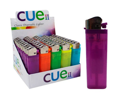 CUE II Classic Lighters, Assorted Colors, Regular Size, Long Lasting, 50-Count Tray