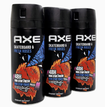 3 Pack Axe SkateBoard & Fresh Roses Body Spray Deodorant 48hrs Protection 150ml